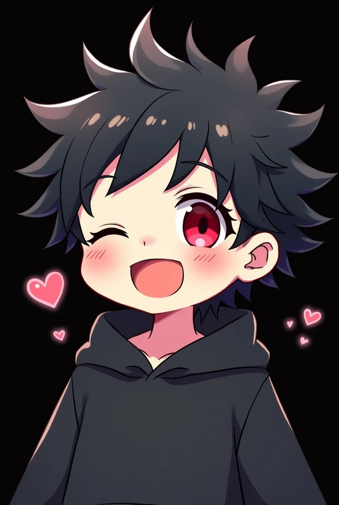  Black background , anime boy , black hair , spiky hair , red eye , narrowed eye , black hoodie , chibi , blush , eyes closed , happy , smile , heart bubbles