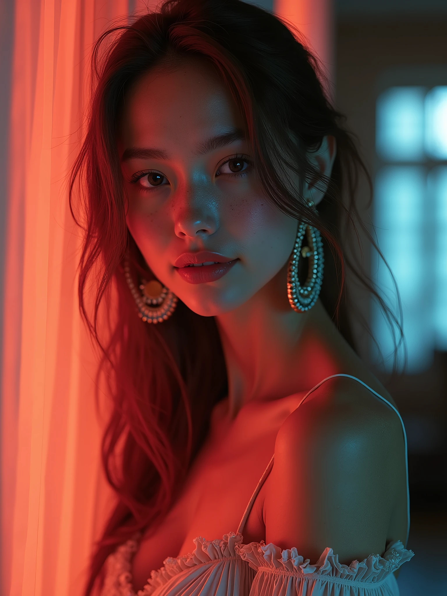 A Nordic girl,Age: around 20,Has the most beautiful and delicate face,Freckles,Profile,bust, Beautiful Smile,hair,Not too big breasts, Her cleavage exposed, Looking at the audience, Half-length photo, Movie Lighting, glow, neon,With big earrings,The earrings should be exposed。