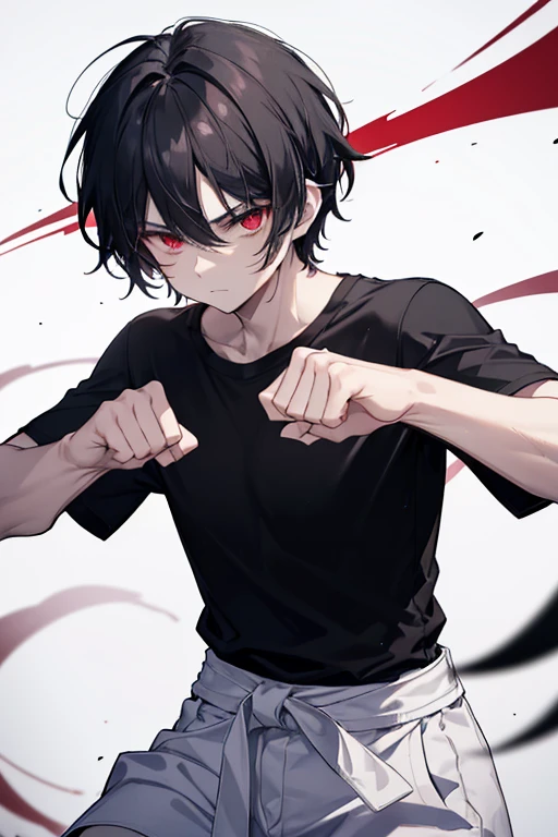 Man with short messy black hair, with blood red eyes, dark circles around the eyes, wearing a black t-shirt with white pants and a black ribbon around the waist, Height of 1.75, SERIOUS LOOK, in a martial arts fighting pool like itadori, Black cursed energy around both of his hands like shadows, closed fists, defined muscles.