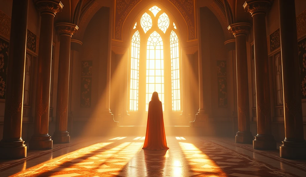 The castle interior, once dark and foreboding, is now illuminated by warm sunlight streaming through the clean, unbroken windows. The walls are free of dust and cobwebs, revealing the ornate designs and vibrant tapestries of a once-glorious castle. Elara stands in the center, a look of relief and satisfaction on her face.