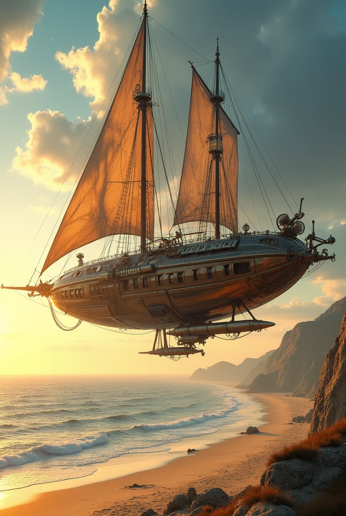 sandy beach, ocean, sunset
a steampunk hybrid of an airship and a sailboat hangs above the shore, the lower part is from a ship, the upper part is from an airship