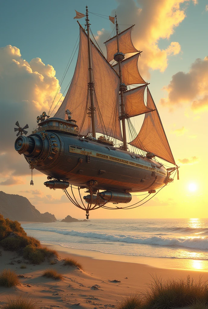 sandy beach, ocean, sunset
a steampunk hybrid of an airship and a sailboat hangs above the shore, the lower part is from a ship, the upper part is from an airship
