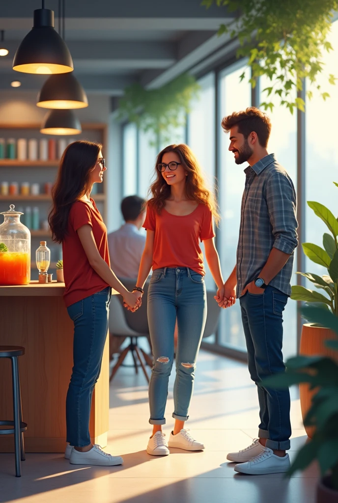 1 girl and her friend meet a guy at a water drink place and join hands in the office, 1 the girl is wearing a red top and jeans, white shoes and glasses and the guy is wearing a smart checked grey shirt and jeans, white shoes and a smart watch