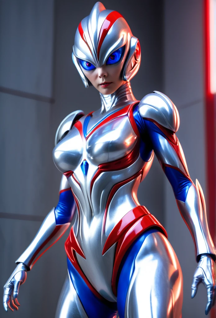 A female alien with a shiny silver body and red and blue lines.、Giant、Ultraman Lady、Troublesome pose