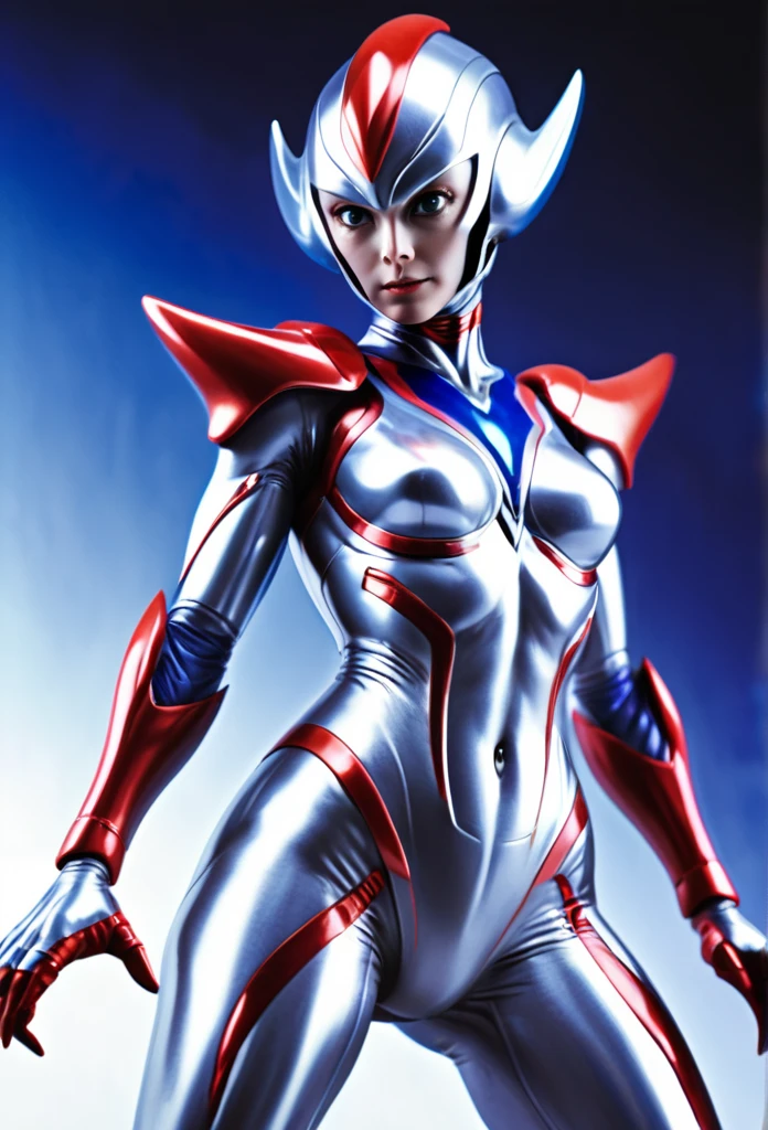 A female alien with a shiny silver body and red and blue lines.、Giant、Ultraman Lady、Troublesome pose