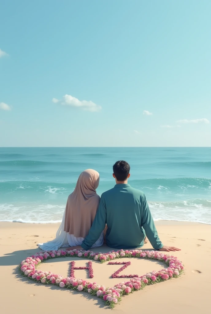 Couple sitting at beach write letter h and z behind them in sand circled with heart circle must be made of flowers girl wearing hijab and don’t show their face