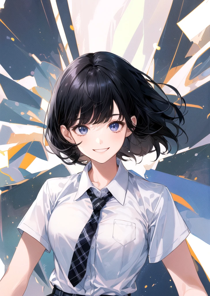 (((highest quality))), (perfect face),(one woman),(((whole body))),,,(Smiling woman),(((White shirt))),(((Black Hair))),Light blue plaid pleated mini skirt,Tie on chest,School