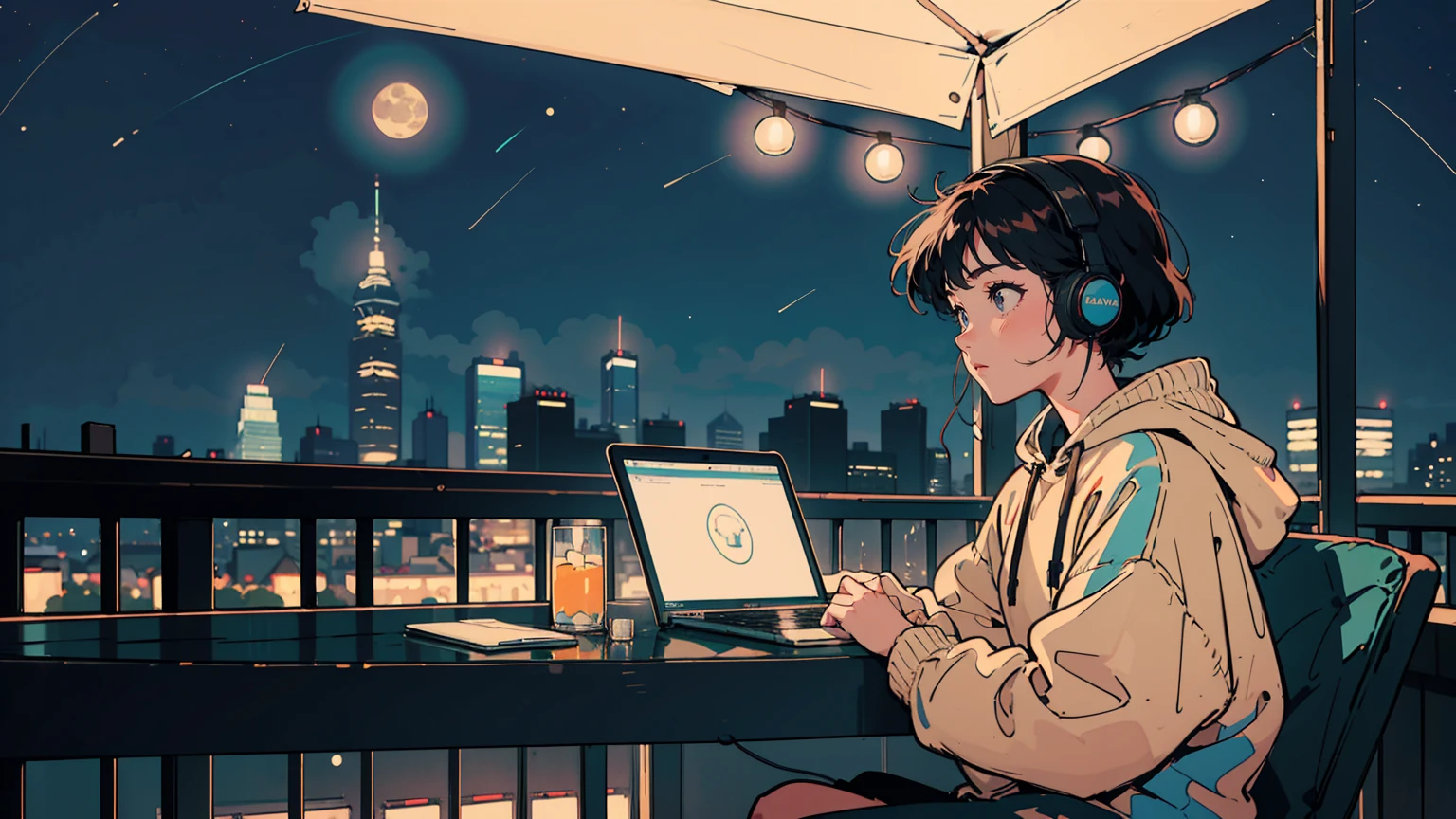 Cozy night balcony workspace, anime style, young woman sitting and working on laptop, wearing headphones and oversized hoodie. Cat silhouette on railing, small animal toy nearby. String lights and potted plants hanging, starry night sky backdrop. Warm ambient lighting from candles and fairy lights. City skyline in distance. Lofi aesthetic