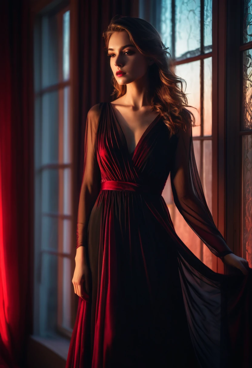 closeup shot, woman in a dress standing in front of a window, romanticism, in evening gown, flowing gown, wearing a flowing dress, mysterious woman, haunting beautiful young woman, wearing a black flowing dress, flowing dress, woman in dress, extremely moody red lighting,