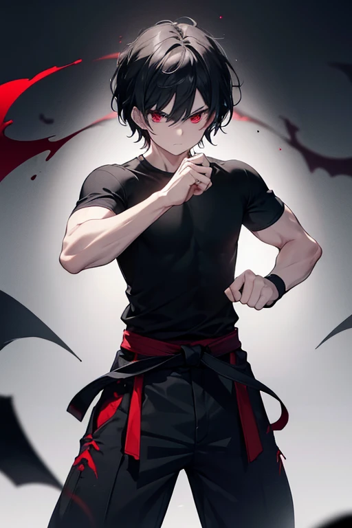 Man with short messy black hair, with blood red eyes, dark circles around the eyes, wearing a black t-shirt with white pants and a black ribbon around the waist, Height of 1.75, SERIOUS LOOK, in a martial arts fighting pool like itadori, Black cursed energy around both of his hands like shadows, closed fists, defined muscles.