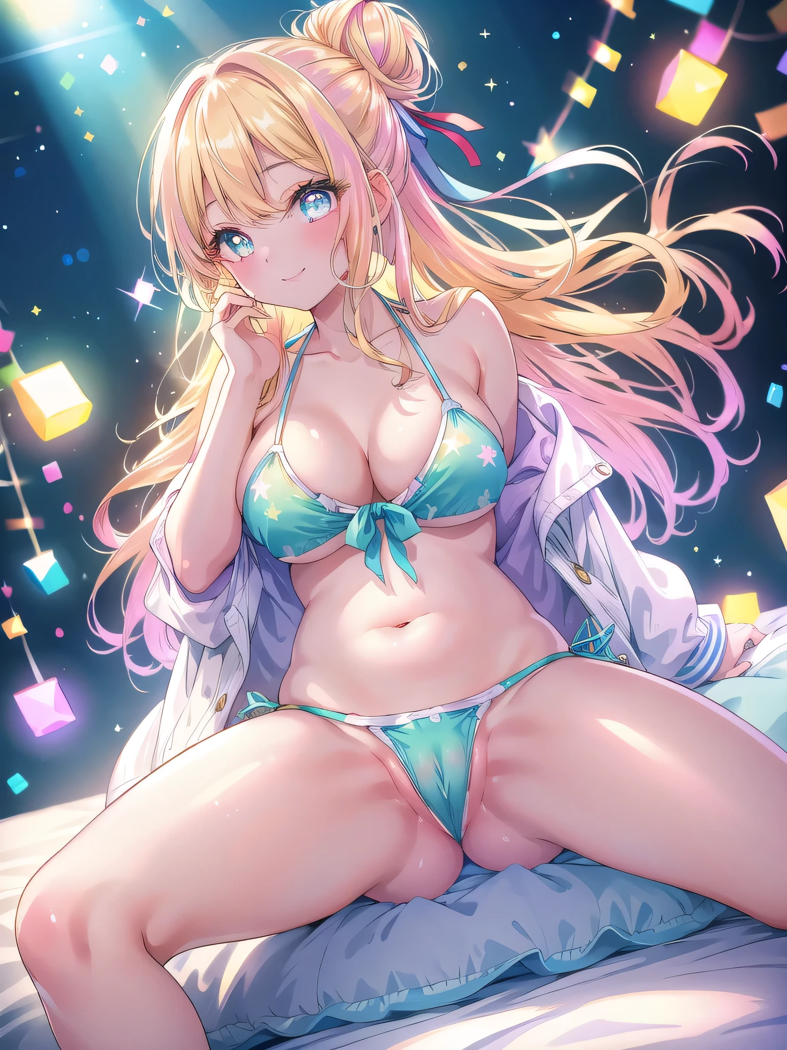 ((8k, Highest quality, masterpiece: 1.3)),Ultra-high resolution,(1 girl, alone), (Color changing eyes, Ultra-detailed, Expressive brilliance, Glitter, Glowing Eyes), Highly detailed eyes, Highly detailed face, Random Hair, ((pastel colour)),A gentle young woman with pastel yellow hair styled into a loose bun, sitting on her bed in her brightly lit bedroom during the vibrant light of mid-afternoon. She is wearing a light blue bikini and has a shy smile on her face as she adjusts her pose. Her legs are slightly open, adding to her delicate and relaxed posture. The camera captures her from a low angle, emphasizing the warm, natural light that fills the room and her soft expression. (open legs:1.5),(She puts her hand inside her bikini and touches her pussy:1.2)
