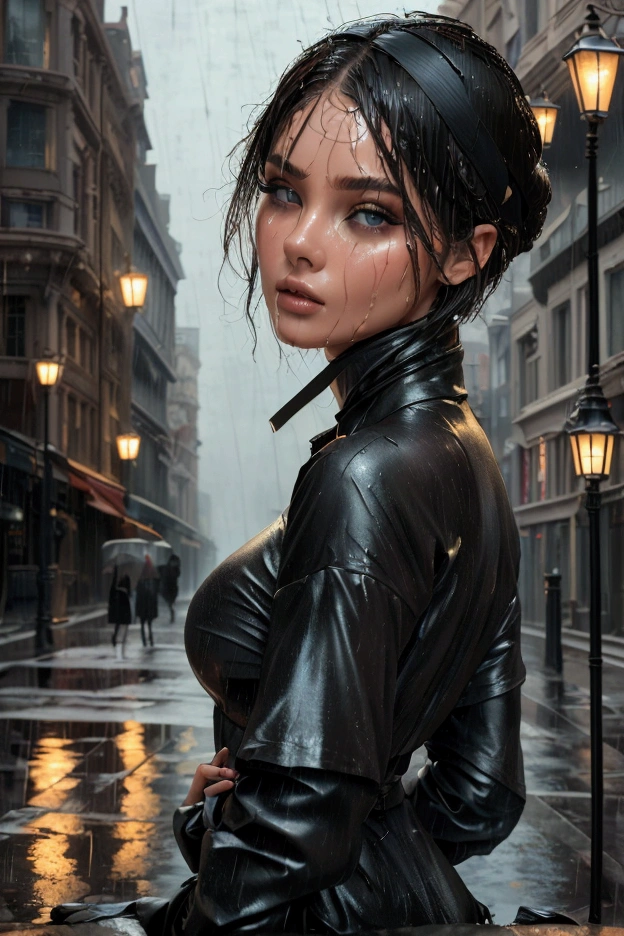 ((Best Quality, 8k, masterpiece:1.3)), focus:1.2, Perfect body beauty:1.4, buttocks:1.2, ((Layered haircut, old:1.2)), (wet clothes:1.1) , (rain, Street:1.3), strapless dress: 1.1, Very detailed face and skin texture., fine eyes, double eyelids, whitened skin, by the wide, (shut up: 1.3)