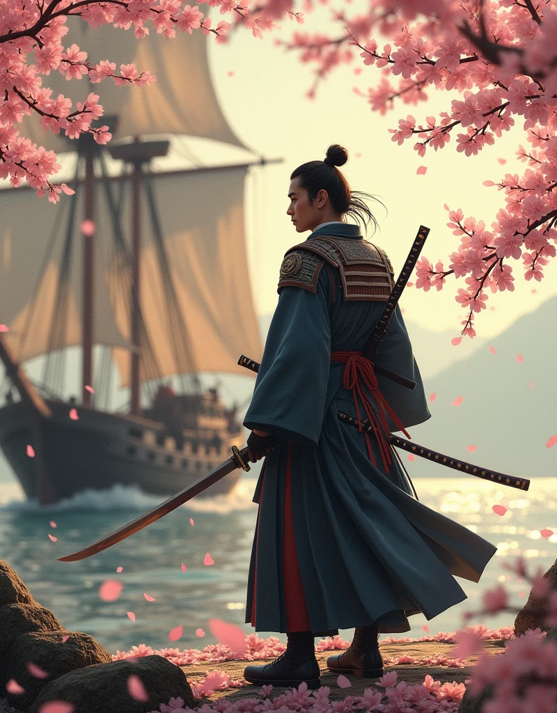 The samurai in 'Vintage Voyage', embarking on a sakura cherry timeless, enduring, and katana blade unforgettable voyage, with the historic and antiquated ship evoking a sense of adventure and discovery