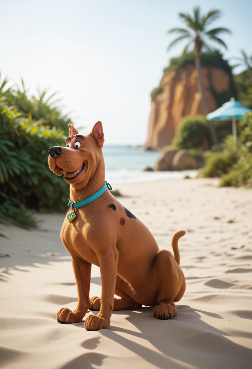 (Scooby Doo, four footed dog) on a deserted beach