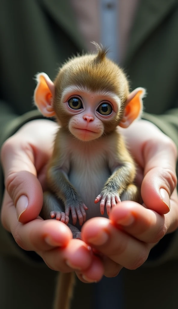 photorrealistic, 8k, Micro Tiny baby [macaco] perched on a human finger