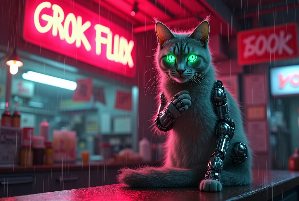 A movie poster, A huge neon sign in the middle reads "GROK 2 FLUX!" ,Masterpiece, 4k, 8k, high quality, highly detailed, concept art, A cyberneticly enhanced cat, glowing neon green eyes, , robotics cat, one paw is metalic, looking at viewer, sitting on a bar of a noodle shop, grooming itself, cyberpunk setting, raining, neon lights,