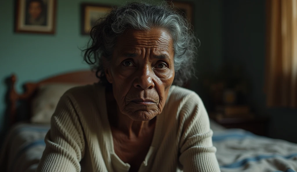 A beautiful black old woman is depressed, worried and stress filled sitting in her bedroom 