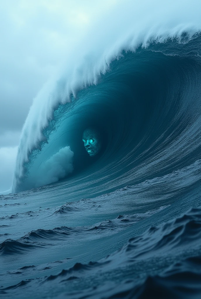 A huge collapsing sea, Shades of blue, Depth, Choppy Water. You can observe the formation of the face