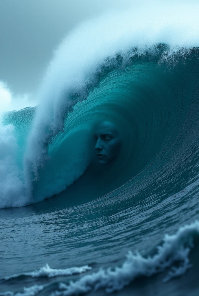 A huge collapsing sea, Shades of blue, Depth, Choppy Water. You can observe the formation of the face