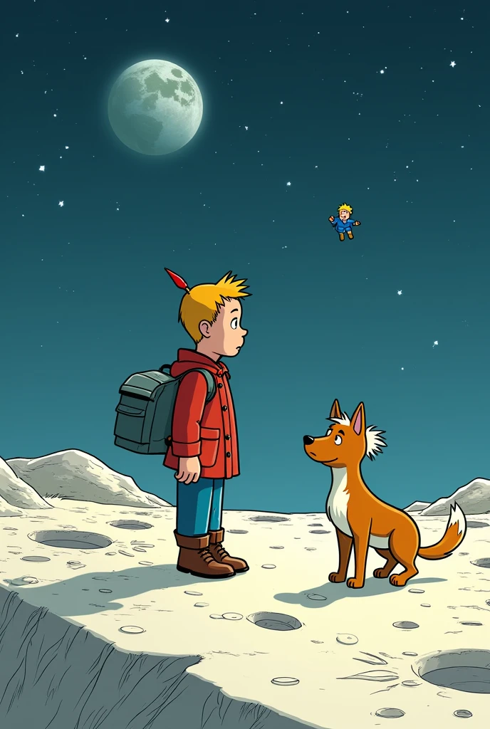Tintin et Milou découvrent le Petit Prince de Saint-Exupéry sur la lune
