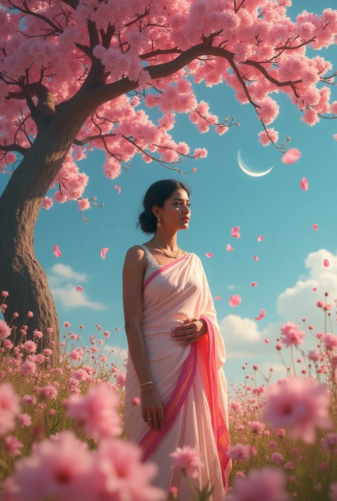 Indian beautiful meatured girl ultra details eyes face etc wearing beautiful clothes like an actress of south india background is a beautiful flowers field and standing under a pink color petal falling tree everything is ultra high quality sky is blue moon is visible with smiling background many types of flowers 