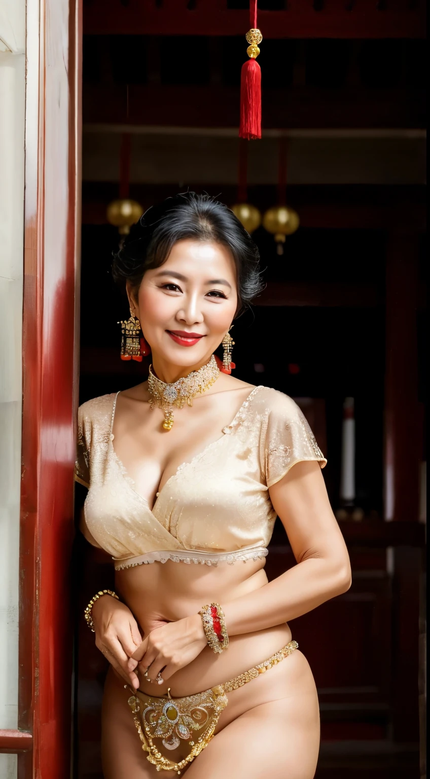 75 years old　mom　milf　Chinese Lady　large earring　Big choker　navel piercing decoration　A bracelet　realisitic　Gorgeous Madame Beautiful Mature Woman　sexly　Smile　Gentle woman navel piercing　４K　High quality　High leg leotard　storehouse
