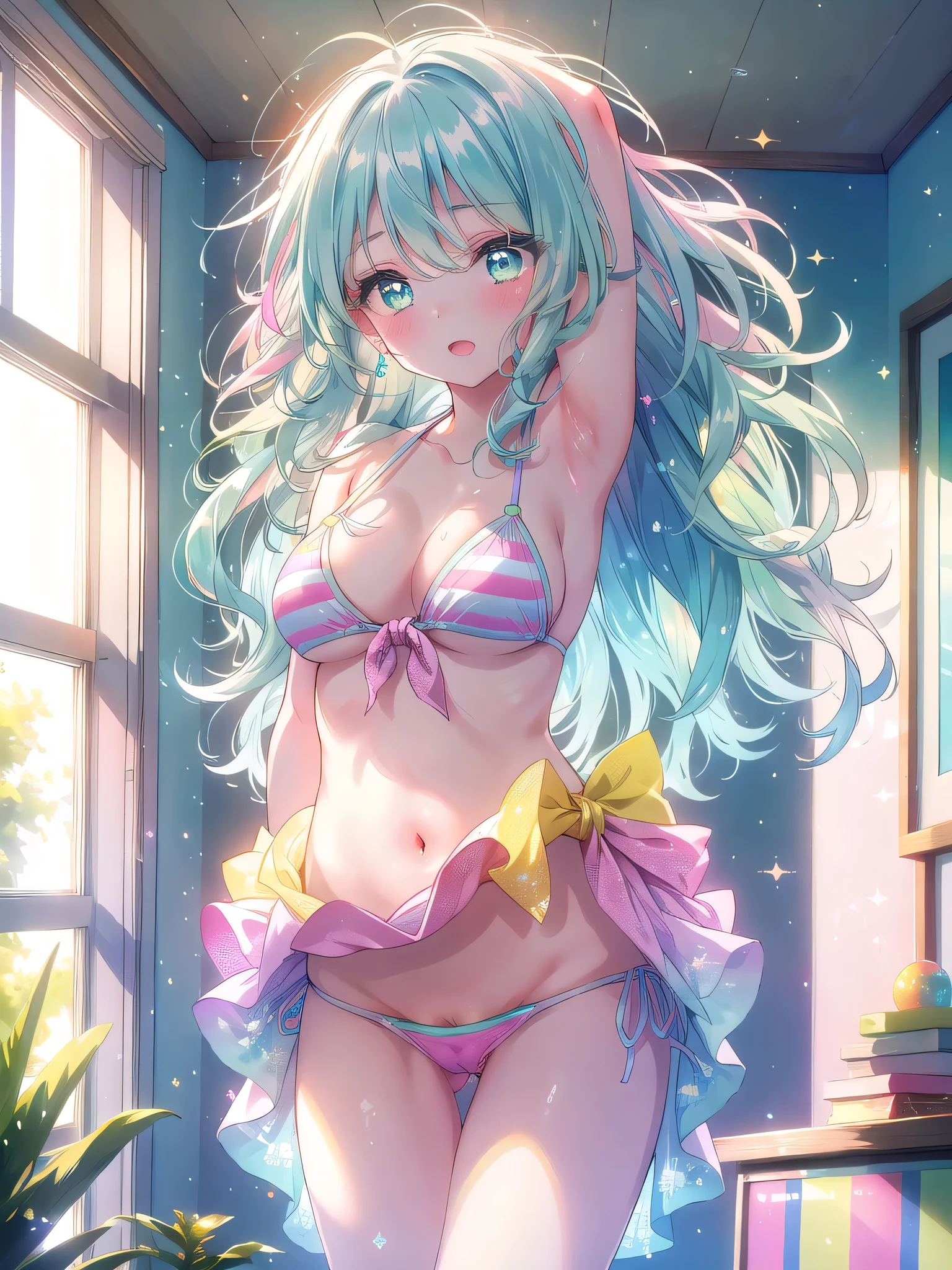 ((8k, Highest quality, masterpiece: 1.3)),Ultra-high resolution,(1 girl, alone), (Color changing eyes, Ultra-detailed, Expressive brilliance, Glitter, Glowing Eyes), Highly detailed eyes, Highly detailed face, Random Hair, ((pastel colour)), A carefree young woman with pastel mint green hair styled into beach waves, standing by the window of her bright and airy bedroom during the cheerful light of mid-morning. She is wearing a vibrant yellow bikini, and as she stretches her arms above her head, (the knot of her bikini top suddenly comes undone, causing it to slip down slightly). Her eyes widen in shock, and her cheeks flush pink as she quickly presses the loose top against her chest with both hands. The camera captures her from a frontal angle, emphasizing her flustered expression, with sunlight streaming through the window and creating a bright and lively atmosphere, (She puts her hand inside her bikini and touches her pussy:1.2)