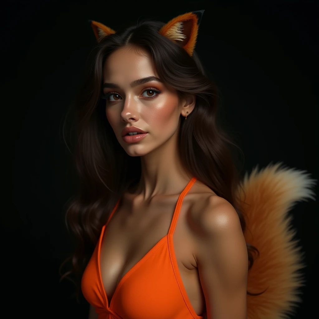 A woman, 19 years, with an orange leotard, flirtatious smile, fox-like eye bags, Fox tail, Photo studio, Black background, (Best Quality,4k,8k,High resolution,masterpiece:1.2),ultra detailed,(realist,photorealist,photo-realist:1.37),hyper detailed,extremely detailed facial features,extremely detailed skin, extremely detailed eyes and face, extremely detailed hair, Beautifully detailed eyes, beautiful detailed lips, striking poses, natural lighting, cinematographic,dramatic lighting,moody,Dark,Unsettling,serious expression,intense look