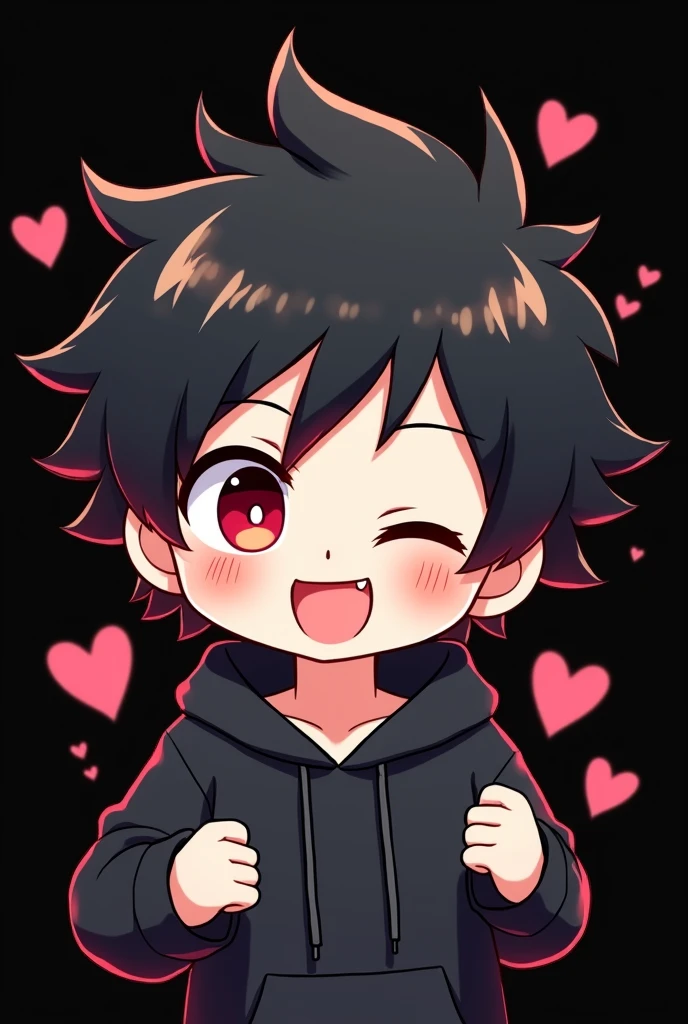 Black background , anime boy , black hair , spiky hair , red eye , narrowed eye , black hoodie , chibi , blush , both eyes closed , happy , smirk , heart bubbles