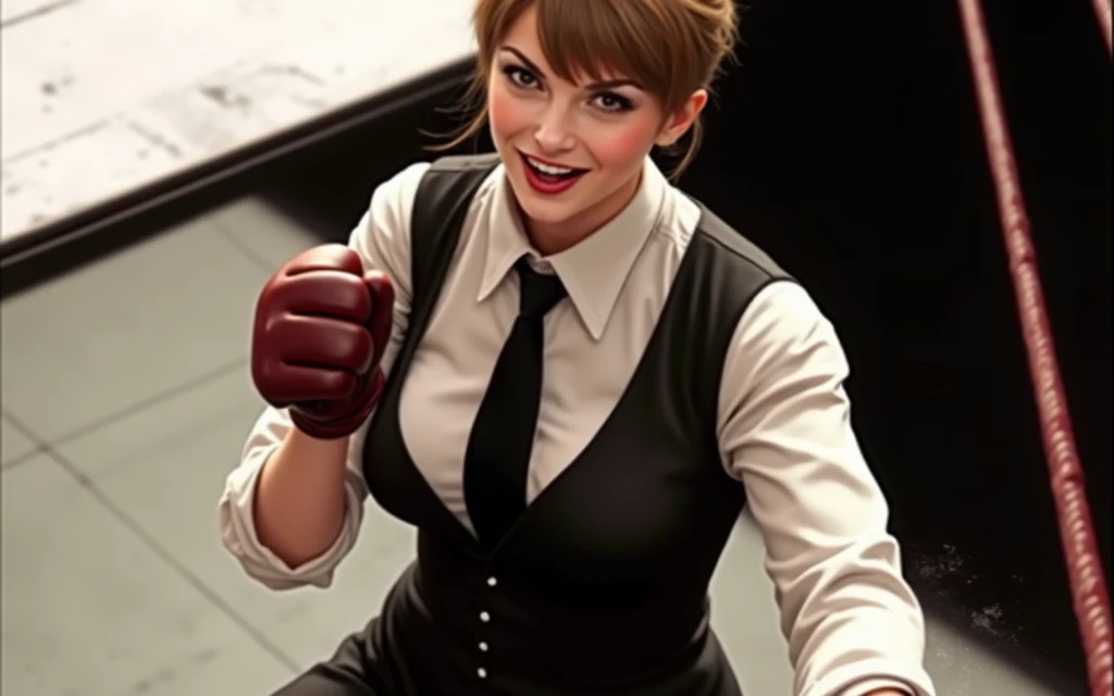 Female wearing suit and tie intense fighting in boxing ring, black suit, (three-piece suit), skirt suit, necktie, bodycon miniskirt, pantyhose, waistcoat, dynamic lighting, in the dark, deep shadow, low key, cowboy shot full-lenght body,fight stance, taunting, winning pose, preppy style, powerfull fight stance, focus, she win the fight pose, professional fighter fight stance, domination fight, avoiding punch from enemy while taunting, preppy fight style, laughing to the enemy, pointing to the camera, hands up professional fighter, hand touching her necktie to tease opponent, looking at viewer from below