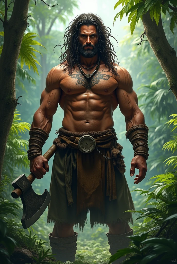 A PNG man wearing a army green jean holding a stone axe, standing in the middle of the tropical rainforest has a tattoo on his chest name LAPUN, has a smoldering looks, has a PNG long dirty hair,  has a PNG skin colour in eastern highlands province 