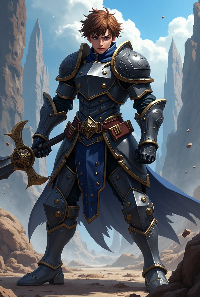 Brown haired, blue eyed knight in anime style Berserk armor 