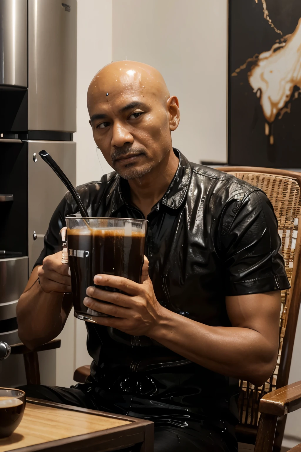 Realistic pictures in high resolution. An automatic-futuristic coffee machine maker, making special iced black coffee and the result dripping in a very big artistic cup. Beside the artistic cup laying an Indonesian man on a long chair, 60 years old, bald, slim, in casual. The man drinks the coffee using straw. Excited moment.