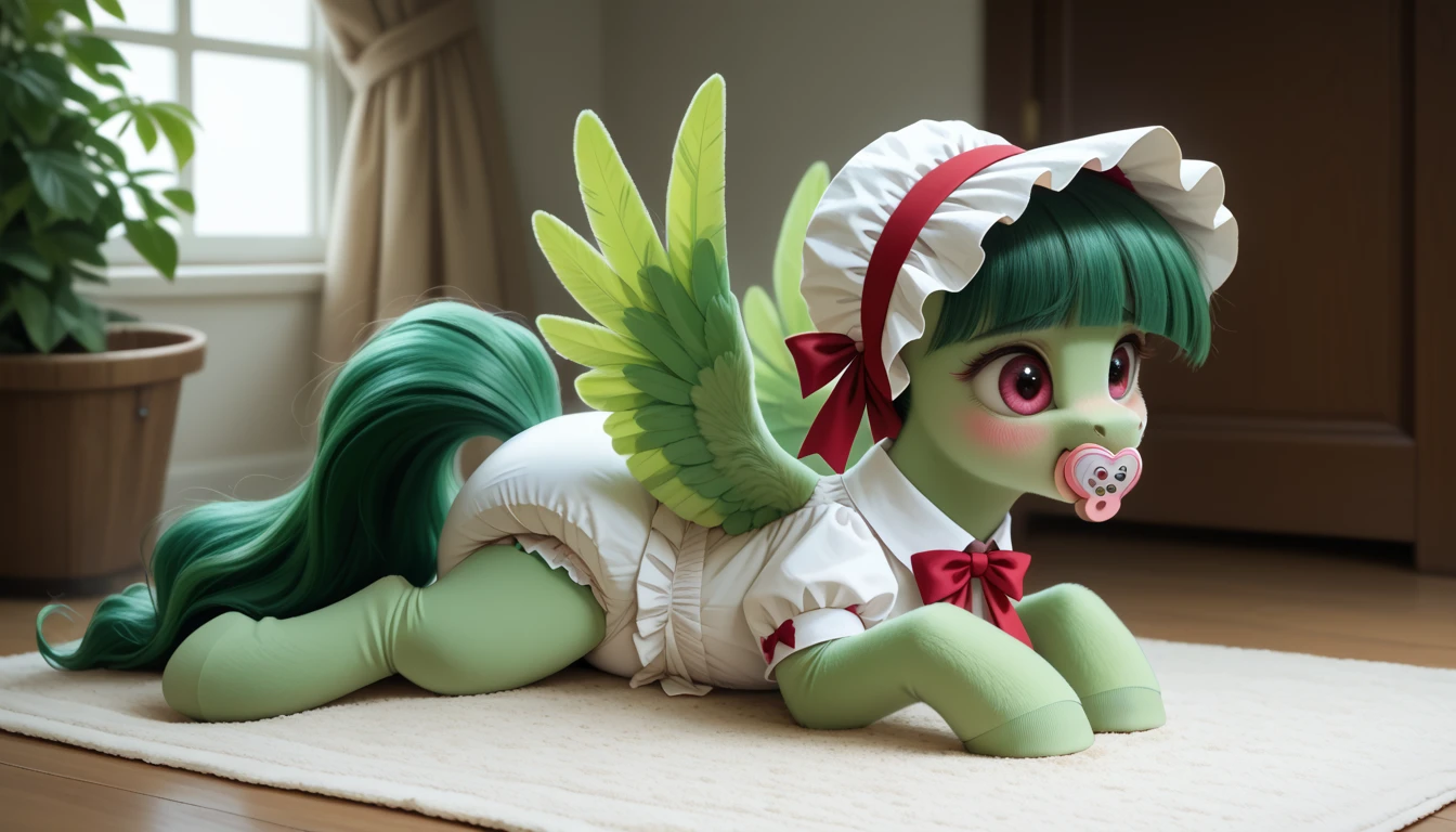 pony, Pegasus, emerald green fur, a lush mane, adult size assembled bonnet, bushy tail, adult mare, sitting in the room on a soft play mat, dressed in an adult size bodysuit and booties, pacifier in mouth, solo, thick diaper under clothes, pink blush on cheeks, Embarrassment, Awkwardness.