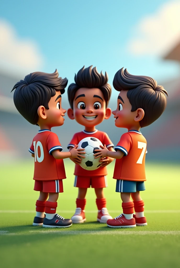 3 friends in a football team the boy name shubham jerseys number 10 and another name Sukit jersey number 7 and last name arjun Jersey number 7 hold a football 3d image cartoon