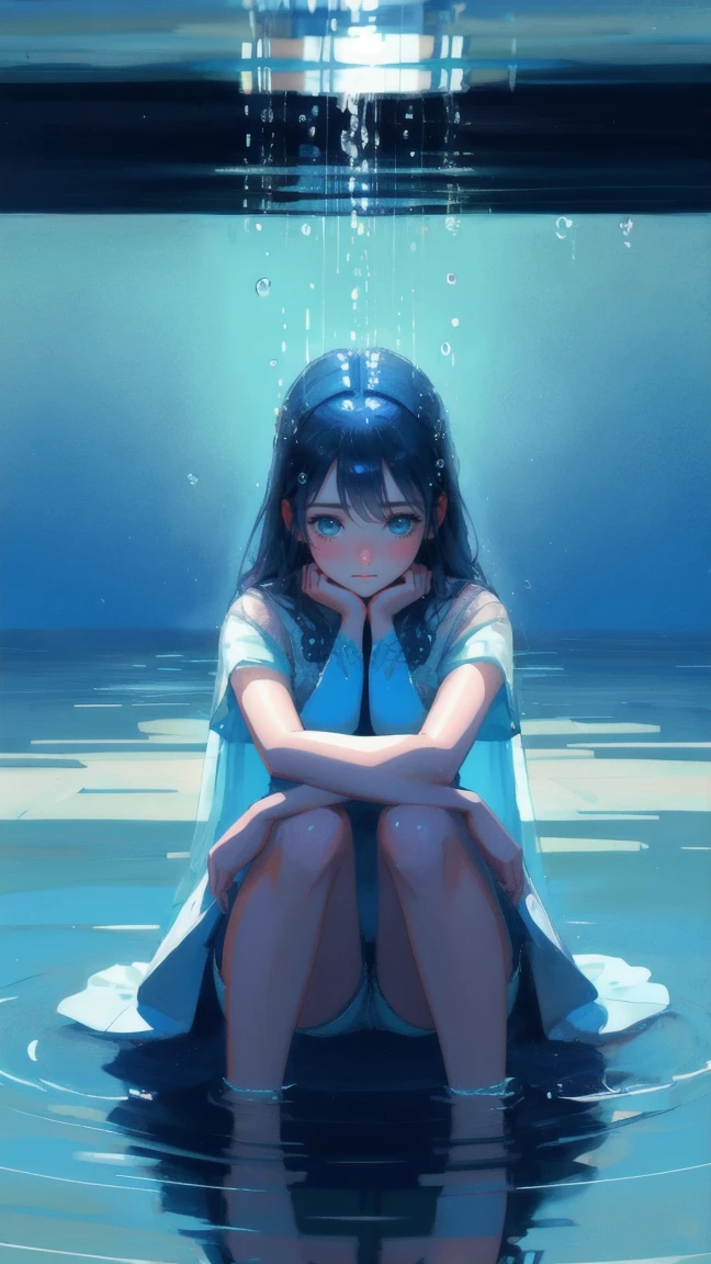 Create an image with a background featuring vertical blue lines and subtle water droplets, maintaining a calm and cool atmosphere. Replace the sad frog with a beautiful, cute girl sitting in a similar pose, arms crossed over her knees, and large, teary eyes. The girl should have smooth, reflective skin, and the same glossy style, with water splashes around her in soft blue tones to match the original design