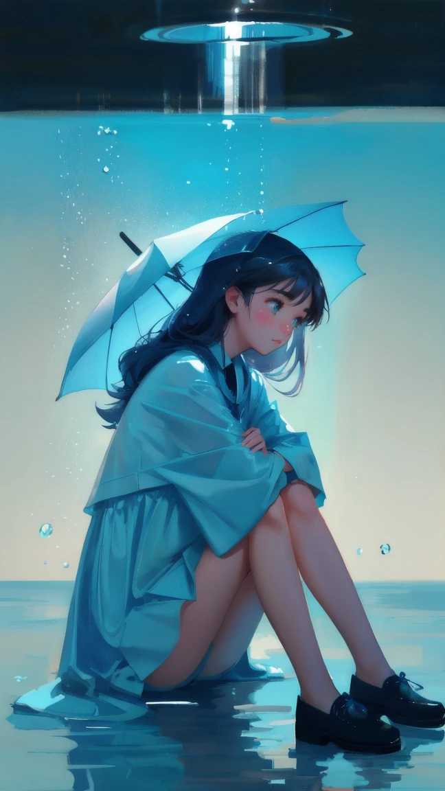 Create an image with a background featuring vertical blue lines and subtle water droplets, maintaining a calm and cool atmosphere. Replace the sad frog with a beautiful, cute girl sitting in a similar pose, arms crossed over her knees, and large, teary eyes. The girl should have smooth, reflective skin, and the same glossy style, with water splashes around her in soft blue tones to match the original design