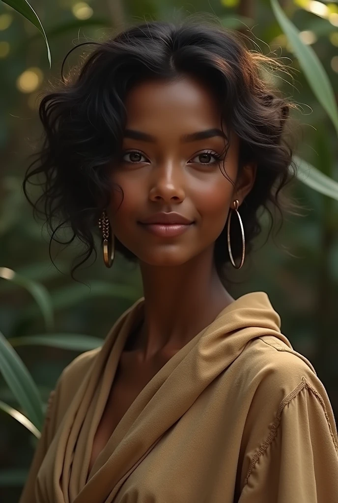 lingerie, cleavage, hijabi, Absurd, ultra-detailed, high quality, masterpiece, detailed face, beautiful eyes(detailed eyes), dark skinned javanese mythology Goddess, goddess of the hearth and home, gentle and graceful, face exudes warmth and kindness, eyes described as soft and comforting, gentle and steady gaze, overall appearance is simple and modest, The fabric of her garments is usually depicted as soft and earth-toned, beauty lies not in extravagant adornments, Her smile is serene and welcoming, ?????