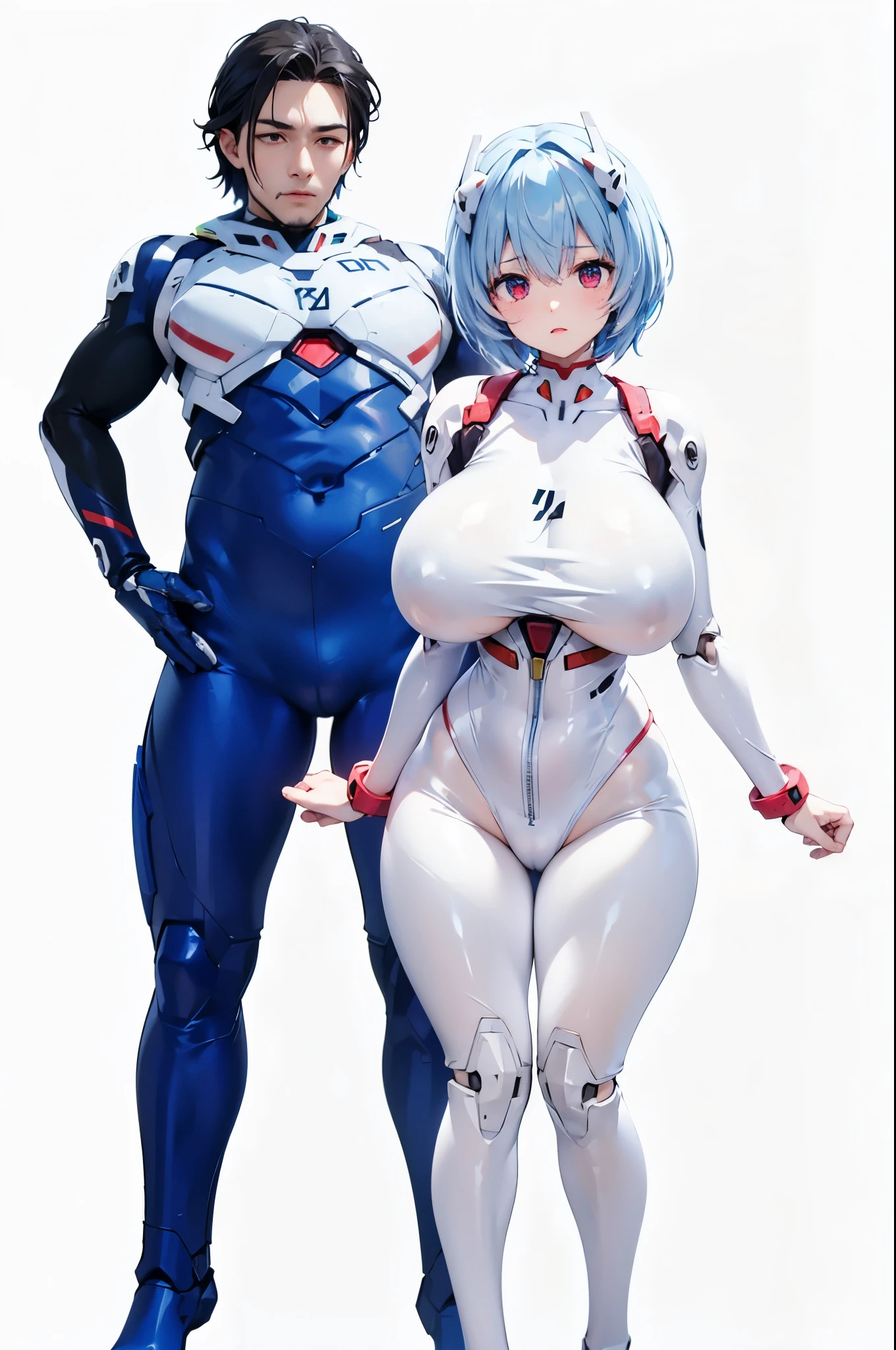 A giraffe dressed in white and blue and a man dressed in blue, ayanami, Rei Ayanami, Female body type, rogue anime girl ayanami rei, Cyber Suit, body and soul! Asuka Suit, BoobsCyberpunk, Biomechanical , Boob proportions, Female cyborg body, Neon Genesis Evangelion Style