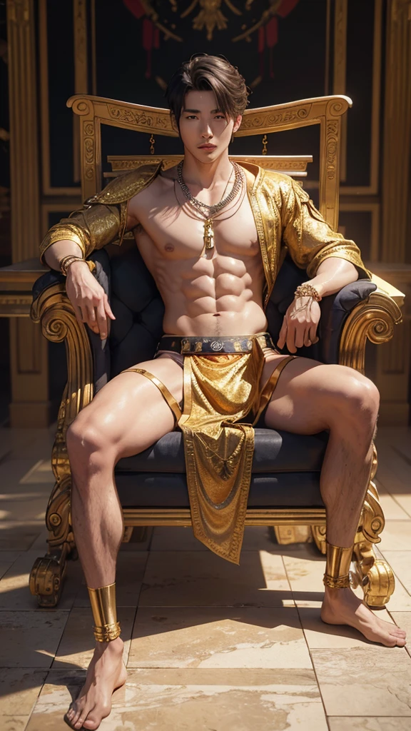 Realistic photography a handsome man with Korean face good body, right hand holding a steel sword wearing a golden jockstraps, sitting on the golden throne in ancient palace, 3d UHD16k