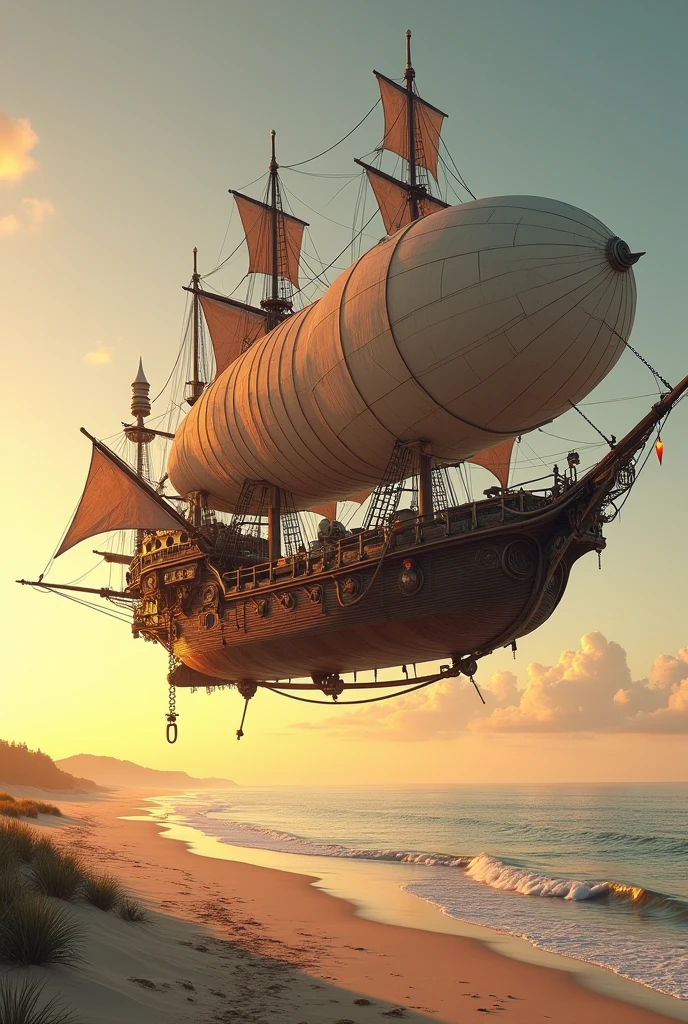 sandy beach, ocean, sunset
a steampunk hybrid of an airship and a sailboat hangs above the shore, the lower part of the hybrid is from a ship, the upper part is from an airship