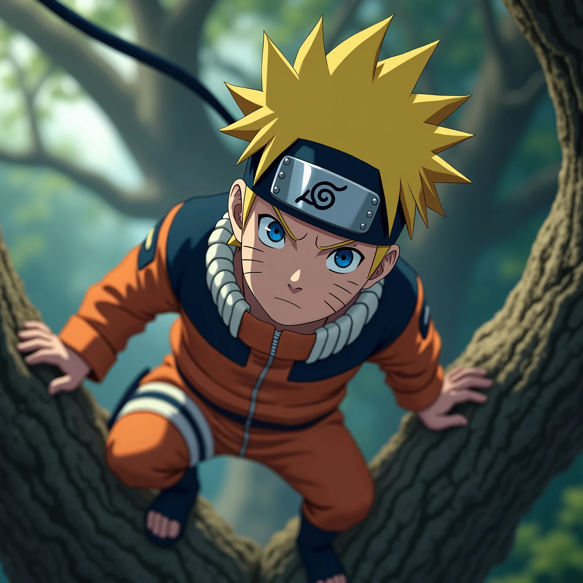 (masterpiece:1.2) (best quality) (detailed) (intricate) (8k) (HDR) (wallpaper) (cinematic lighting) (sharp focus), Naruto standing on a huge tree branch,close up shot, Naruto Shippuden artstyle
