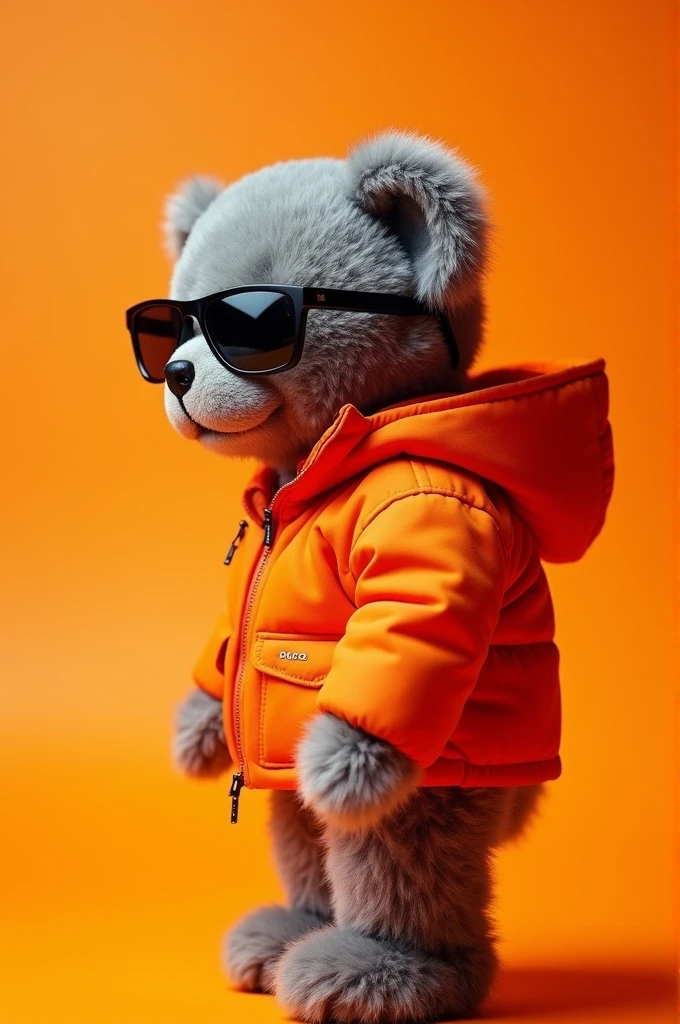 Mobile phone wallpaper HD, Award-Winning Wallpaper, Portrait Photography, The front features a cute portrait of a small grey teddy bear，Wearing mid-1960s Space Age attire, Side View, Shot with Canon EOS R5, Set sharp contrast，Prominent theme, Fluorescent orange, Wearing a very smart casual jacket and sunglasses is a 1960s fashion style, All clothes are one color, Beautiful background