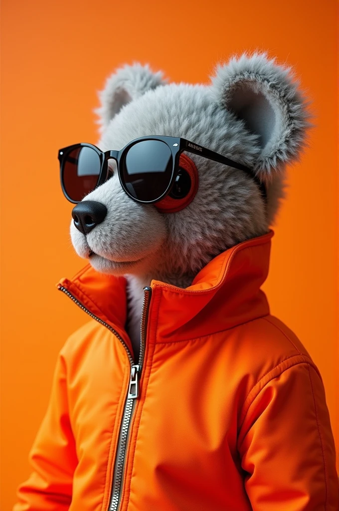 Mobile phone wallpaper HD, Award-Winning Wallpaper, Portrait Photography, The front features a cute portrait of a small grey teddy bear,Wearing mid-1960s Space Age attire, Side View, Shot with Canon EOS R5, Set sharp contrast,Prominent theme, Fluorescent orange, Wearing a very smart casual jacket and sunglasses is a 1960s fashion style, All clothes are one color, Beautiful background