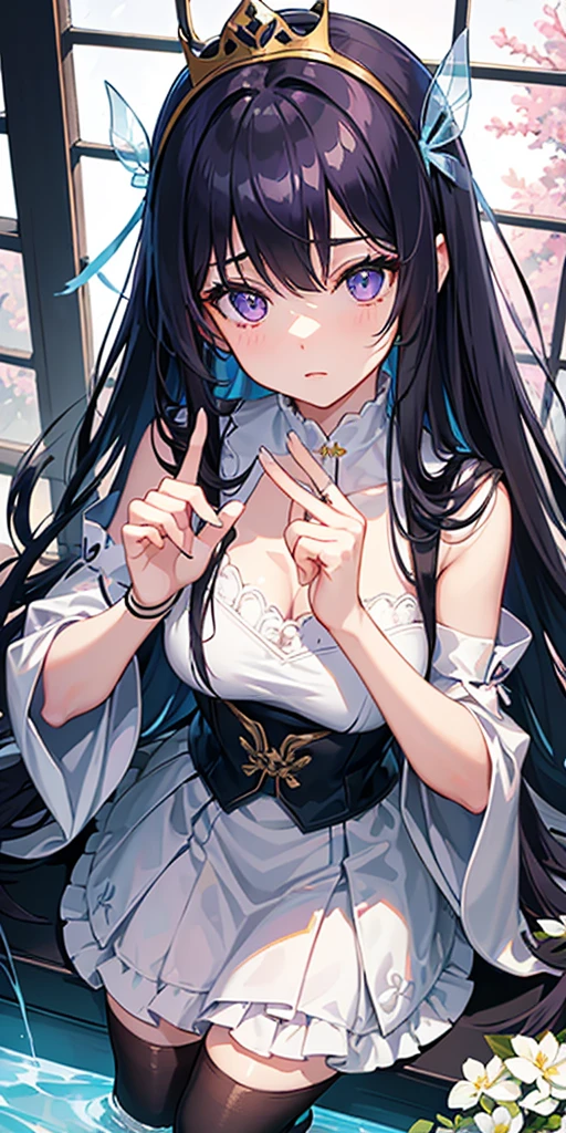 (Top view),Dynamic Angle,Extremely detailed, illustration, close up, straight on, 1 Girl, (fantasy:1.4), (Purple Eyes:1.233),Her eyes shone like Dreamy stars,(Glowing eyes:1.233),(Beautiful and delicate eyes:1.1),(Black Hair:1.14),(Long and straight hair，Hair between the eyes,Side lock), (+(crown:1.14)),(Lolita dress,Golden flower pattern)/=(military uniform:1.24),(Separate sleeves,Wide sleeves),(Fingerless gloves),Necklace,(miko knee-high socks),Black high heel boots,(Poker face,Shut up),(permanent), (Classical princess boudoir with dressing table and French windows in a white old palace),(White flowers,bloom),(deep sea),(flowing water),(a dull blue world tree:1.14),(ruins),(night:1.2),Dreamy,soul,(Fluorescence),(Flying translucent blue butterfly:1.15), [[Slender fingers and hands:0.55]::0.85],(Detail fingers),(yubao:0.5),