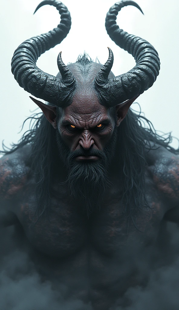 A male demon with 2 horns on his head With a dark aura around him Scary look Imposing appearance On a white background