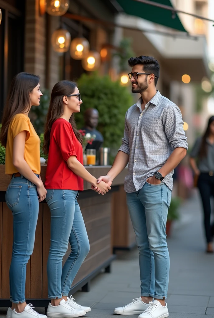 2 girl and her friend meet a guy at a water drink place and join hands in the office, 1 the girl is wearing a red top and jeans, white shoes and glasses and the guy is wearing a smart checked grey shirt and jeans, white shoes and a smart watch