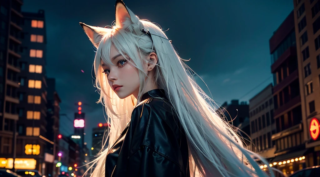 Best image quality, The image shows a girl with long white hair, with ears resembling those of a fox on her head. The girl appears to be standing on a city street at night, with the lights of buildings and traffic signals illuminated in the background. She is wearing modern black clothing and is seen in a side profile, looking towards the camera with a serious or contemplative expression. The colors in the image are characterized by a contrast between the warm city lights and the girl's shiny hair.