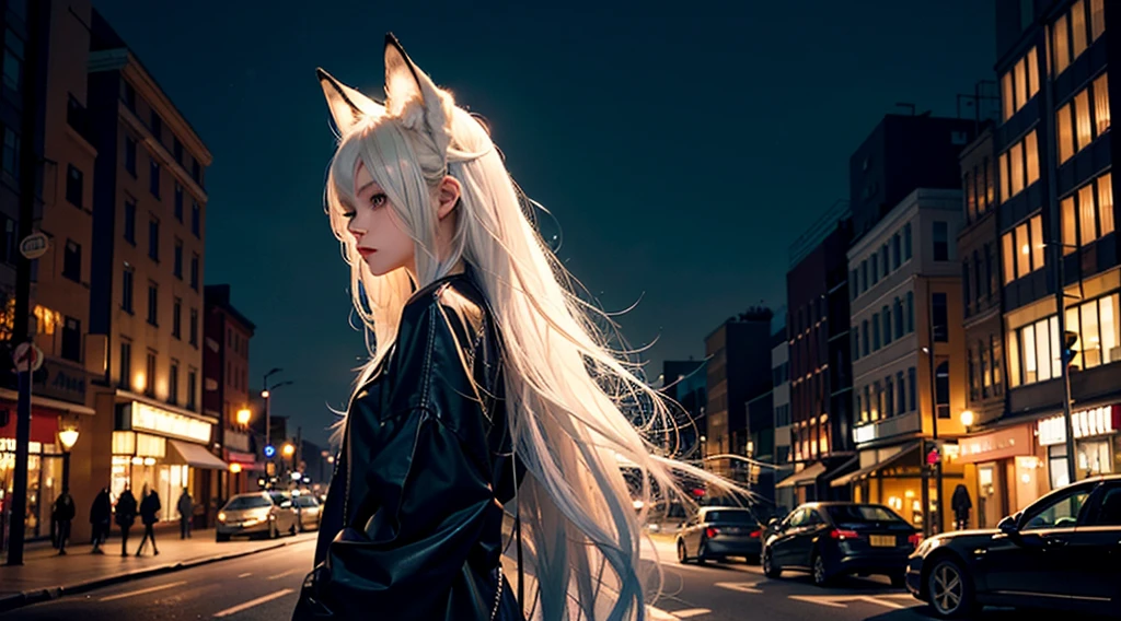 Best image quality, The image shows a girl with long white hair, with ears resembling those of a fox on her head. The girl appears to be standing on a city street at night, with the lights of buildings and traffic signals illuminated in the background. She is wearing modern black clothing and is seen in a side profile, looking towards the camera with a serious or contemplative expression. The colors in the image are characterized by a contrast between the warm city lights and the girl's shiny hair.