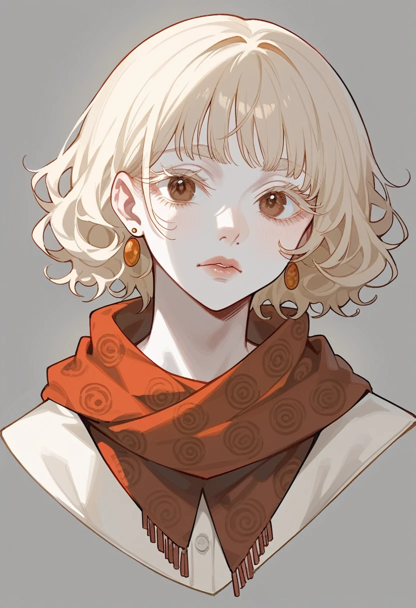 22 year old woman, has dark blonde curly hair styled in an updo and tied with a colorful red scarf.  Is a black woman with albinoism. Has African facial features, African Albino Has light blonde eyebrows, body hair and eyelashes. has brown eyes. Has no melanin in her skin due to being albino. Has peachy white skin. Has soft features and a button nose.